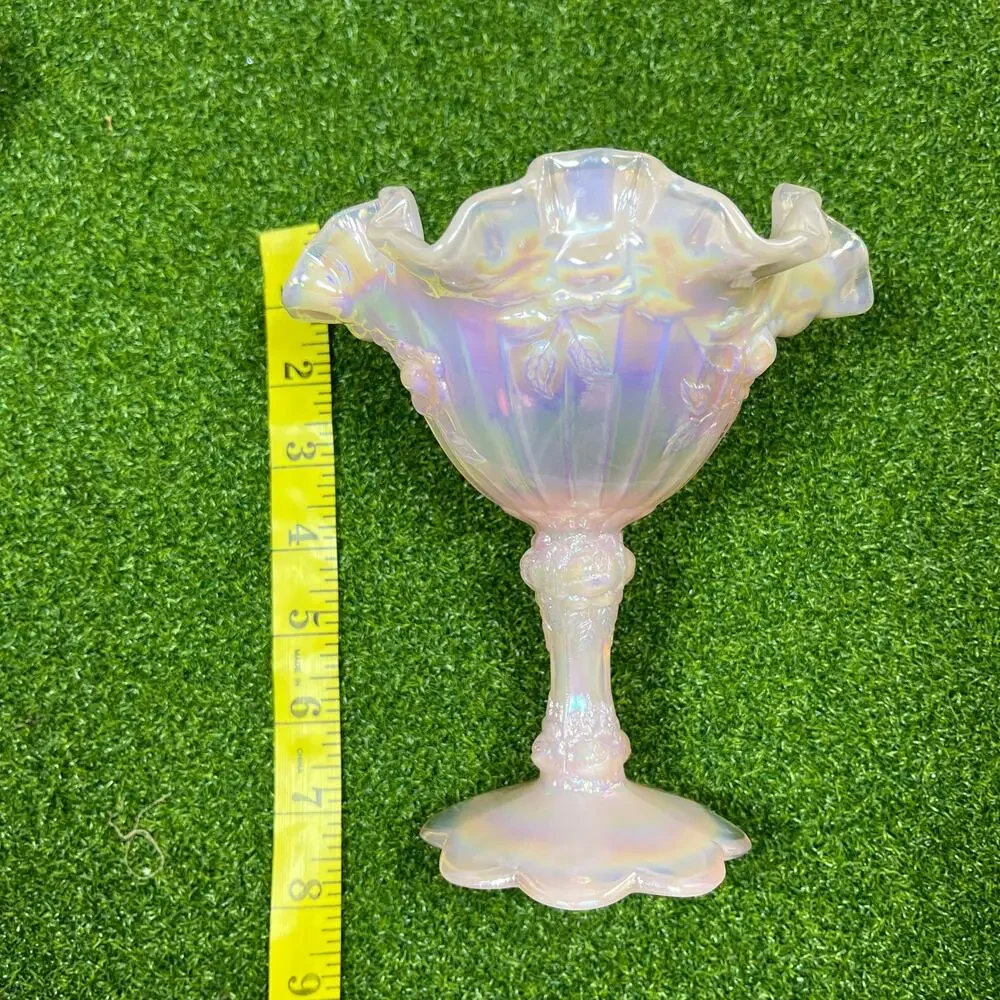 Vtg Fenton Pink Iridescent Opalescent Cabbage Rose Ruffled Pedestal Compote USA